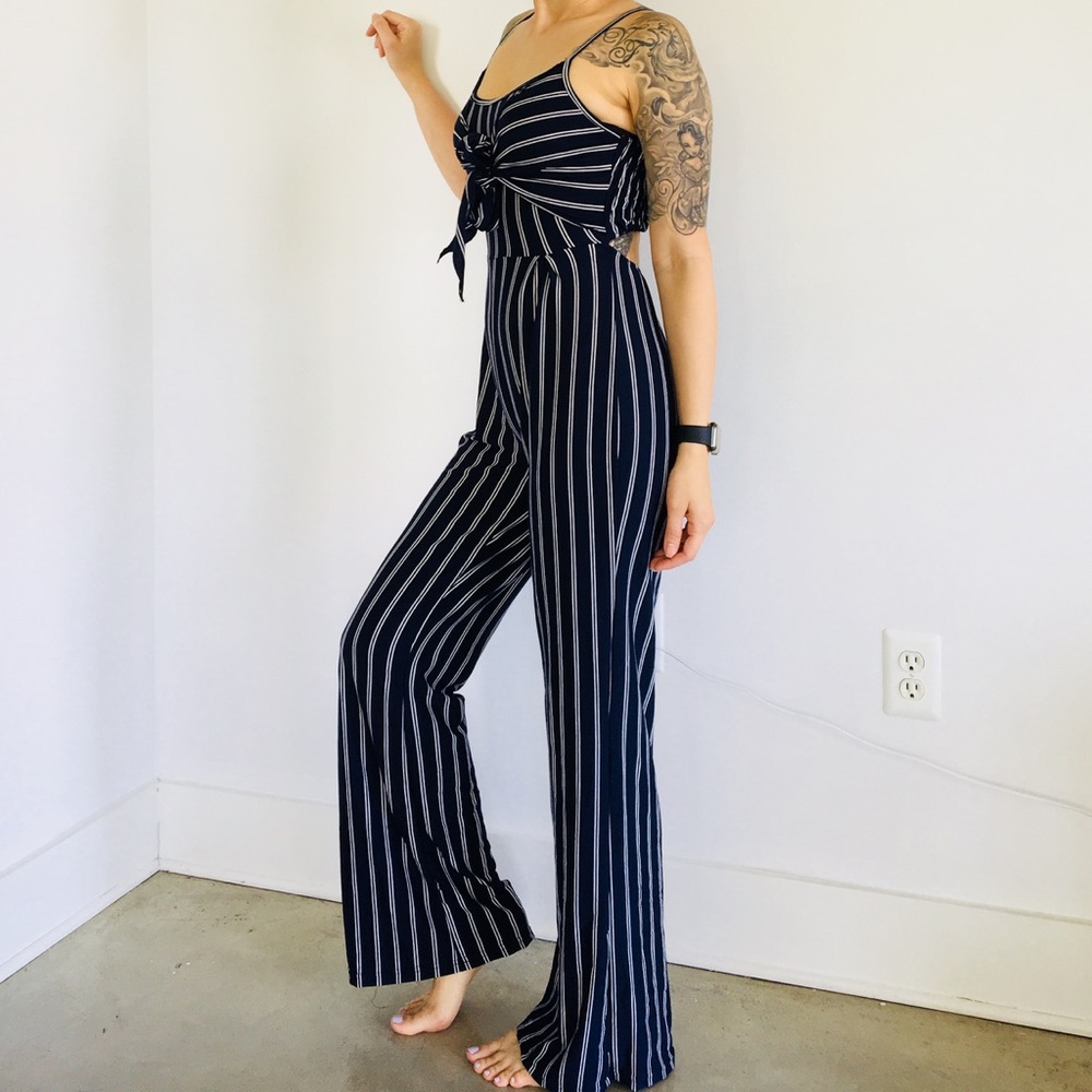 JUMPSUIT Navy Wide Leg Striped Open Back Tie Bow - Picture 3 of 8